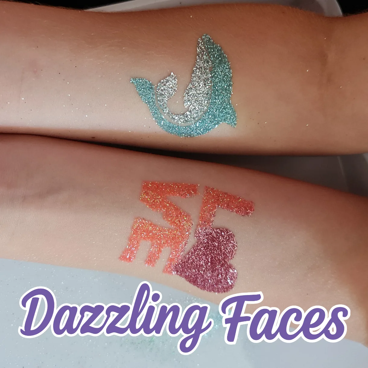 Dolphin and heart glitter tattoo designs on two arms