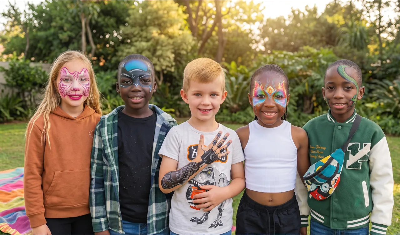 Five children with cat, superhero, robot arm, festival and snake face paint designs
